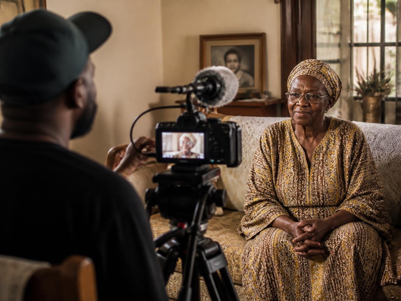 A producer recording an interview with an elder in her living room